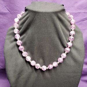 Purple Crackled Glass Beaded Necklace, Silver Tone, Multicolored Seed Beads